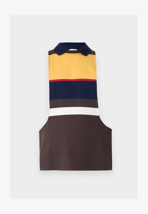 Polo sans manches avec des rayures horizontales en jaune, bleu marine, marron foncé, blanc et une fine ligne rouge, sur fond blanc.