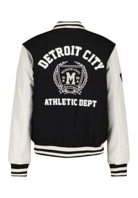 Giacca varsity nera con maniche in pelle bianca, con "DETROIT CITY" e "ATHLETIC DEPT." ricamati sul retro. Polsini a coste righe.