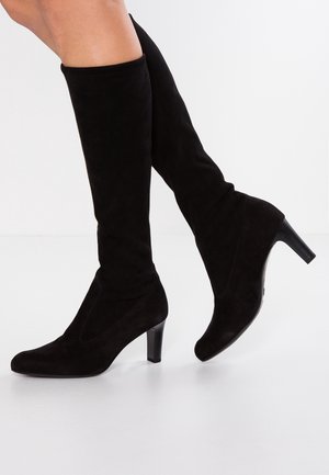 Black knee-high boots made of soft suede with a tapered toe, vertical seam details, and a medium block heel. Smooth texture.