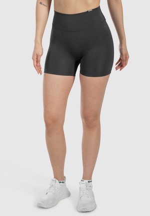 Hoge taille zwarte sportshorts gemaakt van rekbaar materiaal, met een naadloze tailleband en een gladde textuur voor comfort.