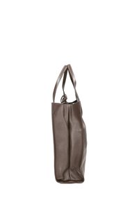 Sac fourre-tout en cuir brun texturé, debout avec deux poignées, vu de côté sur un fond blanc.