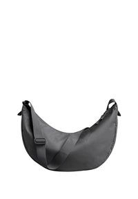 Borsa a spalla nera, curva, realizzata in tessuto testurizzato, con fondo piatto, tracolla regolabile e dettagli di cucitura minimi.