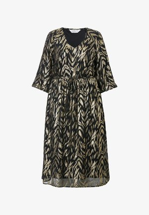 Black dress with gold and silver zigzag pattern, V-neckline, and flowy sleeves. Fabric appears lightweight with a cinched waist detail.