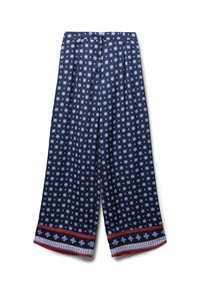 Pantalons wide-leg bleu marine avec un motif floral en rose et blanc. Présentent un ourlet contrastant rouge et à motifs, fabriqués en tissu léger.
