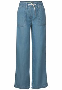 Pantalones de pierna ancha en denim azul claro. Presentan una cinturilla elástica con cordón, dos bolsillos frontales y un ajuste relajado.