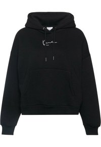 Sort hætte sweatshirt lavet af bomuldsblanding, med snor i hætten, frontlomme og hvidt logo på brystet. Casual pasform.