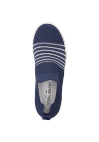 Navy slip-on sneaker with mesh upper, horizontal grey stripes, round toe, and white sole. Features a small heel tab for easy wear.