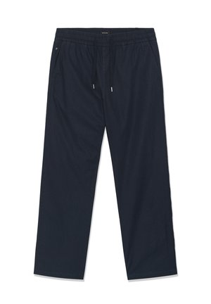 Pantalon décontracté bleu marine pour hommes avec taille élastique et cordon de serrage, doté de poches latérales et d'une coupe droite décontractée.