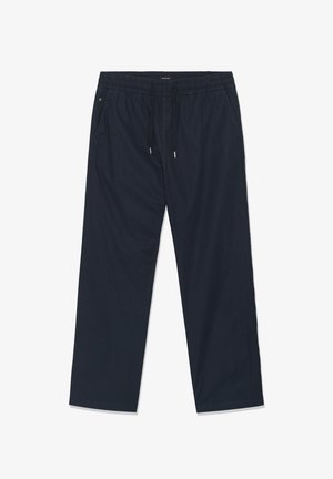 Pantalon décontracté bleu marine pour hommes avec taille élastique et cordon de serrage, doté de poches latérales et d'une coupe droite décontractée.