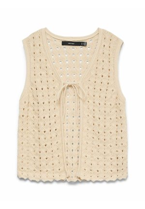 Gilet sans manches beige en maille, devant ouvert noué par un fin ruban, avec des motifs ajourés et torsadés, ourlet festonné.