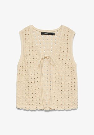 Gilet sans manches beige en maille, devant ouvert noué par un fin ruban, avec des motifs ajourés et torsadés, ourlet festonné.