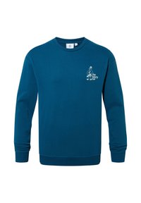 Teal long-sleeve crewneck sweatshirt with small white graphic of a character and text "TOG TWENTY FOUR" on left chest.