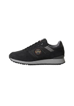 Black and gray casual sneaker with laces, textured sole, and round brand logo on the side.