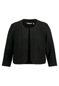 Czarna kurtka z okrągłym dekoltem, rękawami do trzech kwartałów, teksturowanym materiałem i subtelnymi metalicznymi drobinkami. Bez zapięć.