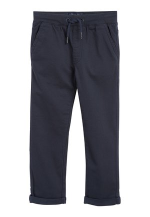Pantalon bleu marine à cordon de serrage avec taille élastique, poches latérales et ourlets retroussés, présenté sur un fond blanc.
