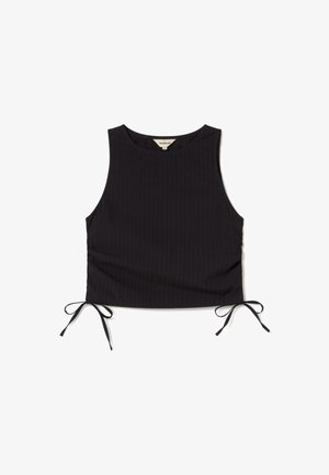 Black sleeveless top with a ribbed texture, round neckline, and adjustable ties at the sides for fit customization.
