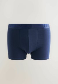 Boxer shorts in cotone blu navy con una morbida fascia in vita con il nome del marchio "NEXT" impresso lungo la parte superiore. Texture liscia, forma aderente.