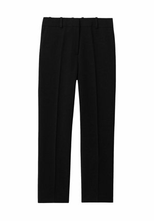Pantaloni neri con design a gamba dritta, con pieghe frontali, passanti per cintura e due tasche laterali. Realizzati in tessuto morbido.