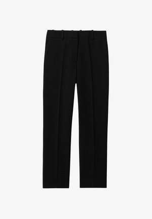 Schwarze Hose mit geradem Bein, gefaltetem Vorderteil, Gürtelschlaufen und zwei Seitentaschen. Aus glattem Stoff gefertigt.