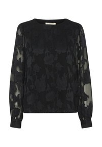 Blusa nera con ricami floreali, maniche trasparenti, scollatura rotonda e polsini elasticizzati. Tessuto dettagliato e design elegante.