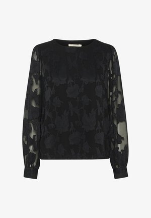 Crna bluza s cvjetnim vezom, prozirnim rukavima, okruglim izrezom i elastičnim manžetama. Detaljna tekstura i elegantan dizajn.