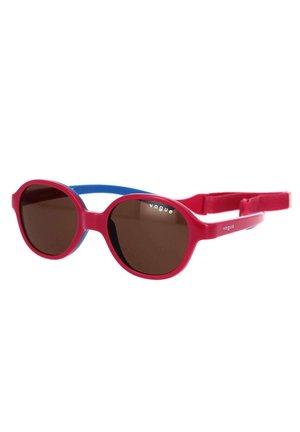 Occhiali da sole in plastica rossi e blu con lenti marroni, forma ovale, montatura sottile e logo "vogue" stampato di lato.