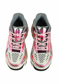 Pink and silver athletic shoes with mesh upper, padded gray collar, reflective accents, and textured sole. Features pink laces and branding.