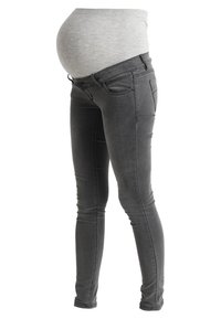 Trudnički traperice u tamnosivoj denimu, s mekim, fleksibilnim pojasom za udobnost i slim-fit dizajnom s prednjim džepovima.