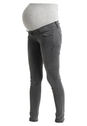 Jeans de maternité en denim gris foncé, dotés d'une taille douce et flexible pour le confort, et d'un design ajusté avec des poches avant.