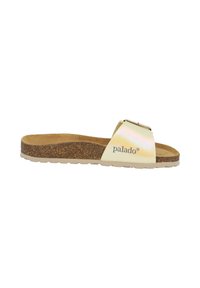 Kork-soled slide sandal med en iriserande syntetisk rem och spänne i guldton. Har en texturerad fotbädd för grepp och komfort.
