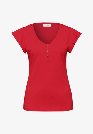 Červený dámský top s krátkými rukávy, výstřihem do V a třemi malými knoflíky uprostřed vpředu.