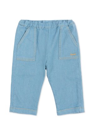 Pantaloni azzurri chiari per bambini piccoli con vita elastica e due tasche frontali, realizzati in morbido tessuto denim con cuciture a contrasto.