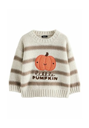 Crème en beige gestreepte gebreide trui met een glimlachende oranje pompoen en de tekst "little pumpkin" aan de voorkant, in maat voor peuters.