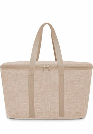 Borsa termica rettangolare beige con due manici e chiusura superiore con cerniera.