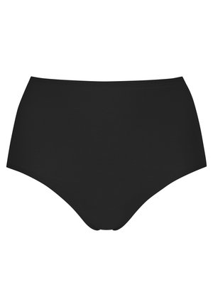 Culotte noire taille haute, fabriquée en tissu lisse, avec un design simple sans motifs ni coutures visibles.