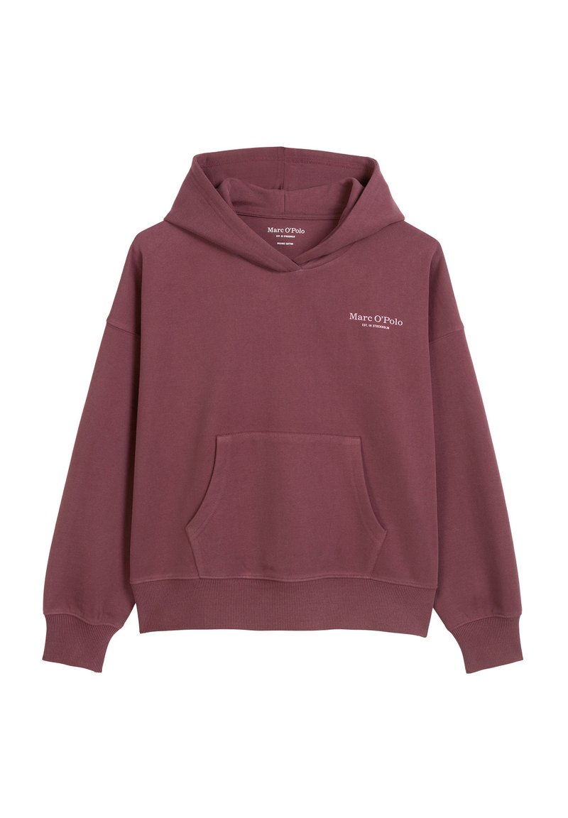Felpa bordeaux con tasca frontale, cappuccio con cordino e polsini a costine. Presenta un piccolo logo bianco del marchio sul petto. Realizzata in tessuto morbido.