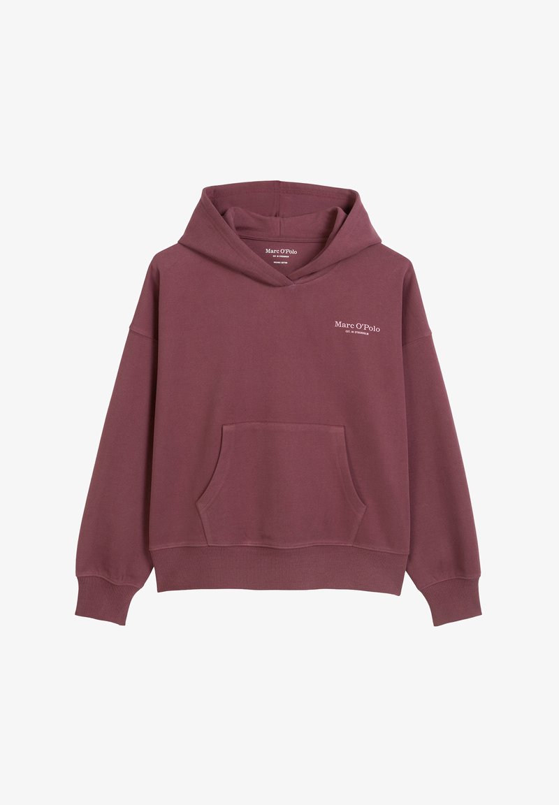Hoodie bordeaux avec une poche frontale, capuche à cordons et poignets côtelés. Présente un petit logo de la marque en blanc sur la poitrine. Fabriqué en tissu doux.