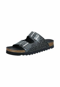 Black and gray leopard print slide sandals with two adjustable silver buckles, cork footbed, and a textured black rubber sole.