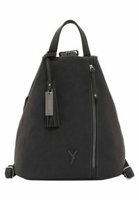Black perforated material backpack with a zippered pocket, detachable tassel, and adjustable straps. Features a handle on top.