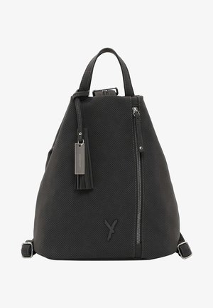 Black perforated material backpack with a zippered pocket, detachable tassel, and adjustable straps. Features a handle on top.