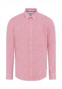 Camicia a maniche lunghe a scacchi rossi e bianchi con colletto button-down, taschino sul petto e maniche con risvolto. Tessuto leggero con finitura testurizzata.