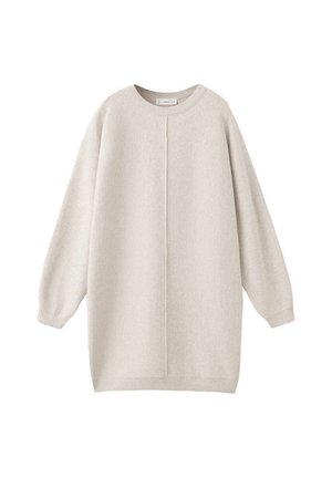 Robe-pull en maille beige clair à manches longues, col rond et détail de couture centrale, coupe ample, poignets et ourlet côtelés.