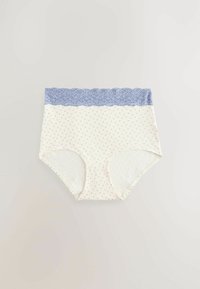 Baltos medvilninės kelnaitės su aukštu liemeniu, su mėlyna nėrinių juostele liemens srityje ir mažais mėlynais taškeliais ant audinio. Bendra tekstūra lygi.