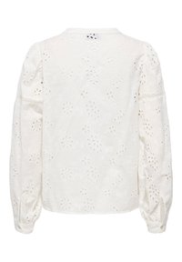 Blouse blanche à manches longues avec broderie florale ajourée, épaules bouffantes, bordure en dentelle sur les manches et poignets boutonnés, vue de dos.