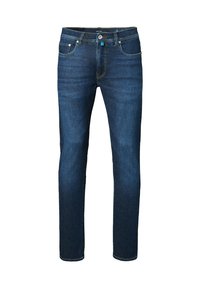 Dunkelblaue Denim-Jeans mit geradem Bein, fünf Taschen, Knopfverschluss vorne und sichtbaren Nähdetails.