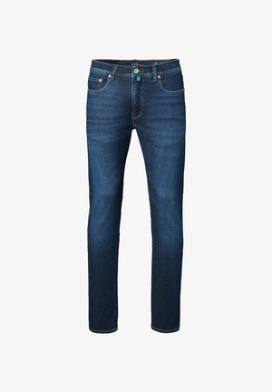 Donkerblauwe denim jeans met een recht model, vijf zakken, knoopsluiting aan de voorkant en zichtbare stikseldetails.