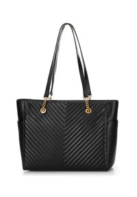 Borsa a tracolla nera con motivo a zig zag, realizzata in materiale testurizzato, con dettagli in catena dorata e manici lunghi.