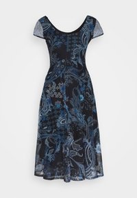 Vestido negro con un estampado azul de paisley, mangas cortas, escote redondo y una silueta fluida. Fabricado con tela ligera.