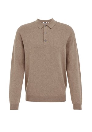 Bruine langesleeve trui met een klassieke kraag en een knoopsluiting met drie knopen, gemaakt van zachte stof met een gladde textuur.