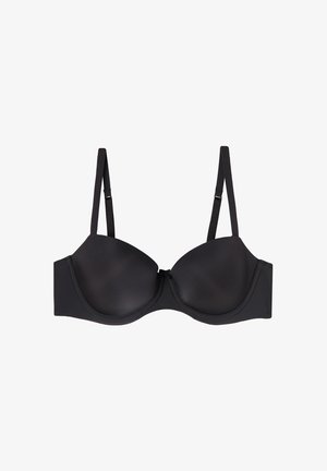 Zwarte onderbuste beha met gladde, gevormde cups, verstelbare bandjes en een haak- en oogsluiting. Gemaakt van een zachte, rekbare stof.